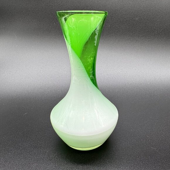 Hand Blown Glass Vase Green And White Swirl 5.5" Tall - Picture 3 of 7